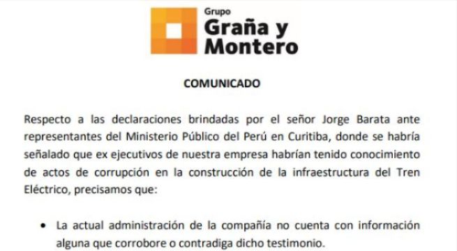 Grupo Graña y Montero se pronunció tras las declaraciones de Barata donde se ven implicados