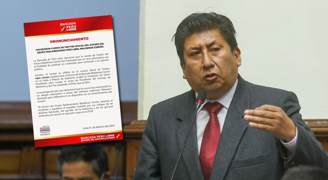 Bancada de Perú Libre asegura que cuenta de Twitter de Waldemar Cerrón fue hackeada
