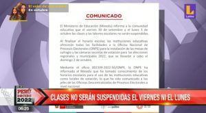 Elecciones 2022: clases escolares serán normales el viernes 30 de setiembre y el lunes 3 de octubre