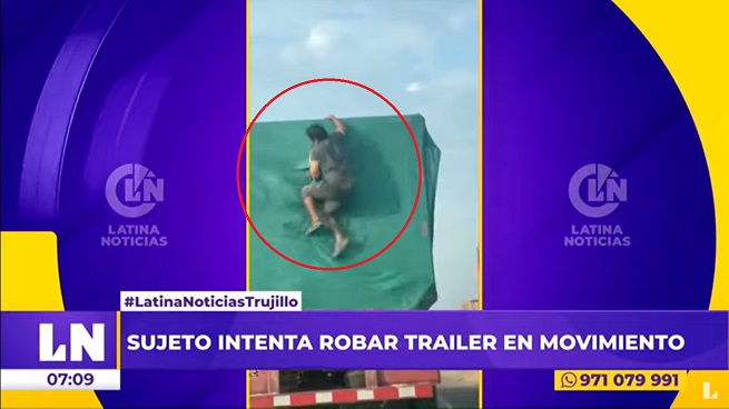 Trujillo: captan a ladrón trepando tráiler en pleno movimiento para robar maíz