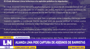 Alianza Lima pide sancionar con todo el peso de la ley a responsables del asesinato de hinchas