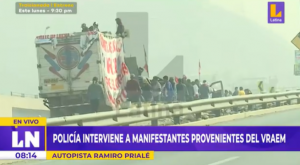 Manifestantes provenientes del Vraem arriban a Lima en caravana de camionetas y camiones