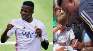 Niño llora al ver a Vinicius Jr firmar su camiseta del Real Madrid