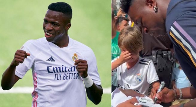 Niño llora al ver a Vinicius Jr firmar su camiseta del Real Madrid