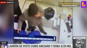 Delincuente se viste como anciano y roba 20 mil soles de banco 