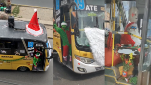 Bus recorre calles de Lima con ‘Papá Noel’ de chofer y un duende de cobrador | VIDEO