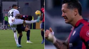 Gianluca Lapadula sufre fuerte golpe en el rostro en encuentro del Cagliari [Video]