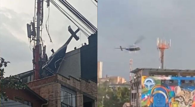 Helicóptero sufre aparatoso accidente y queda colgando de un edificio | VIDEO