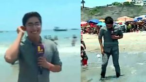 Reportero de Latina termina mojado en pleno enlace en vivo en la playa | VIDEO