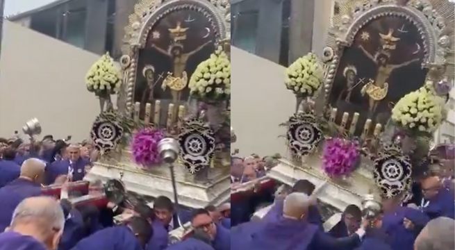 Imagen del Señor de los Milagros estuvo a punto de caer durante procesión | VIDEO