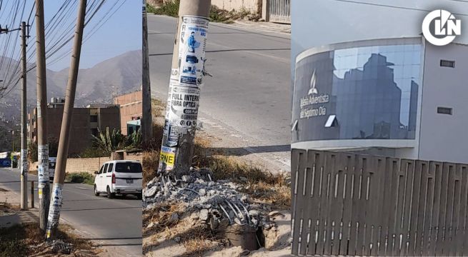 Chosica: poste a punto de caer frente a la UPEU pone en riesgo a vecinos y vehículos que transitan