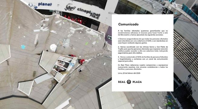 Real Plaza emite nuevo comunicado tras caída de techo en local de Trujillo | FOTO