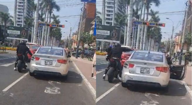 Sujeto en moto rompe la luna de un colectivo en plena avenida Arequipa [VIDEO]