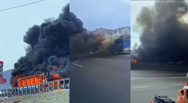 Bus se incendia en vía de Evitamiento: cierran vía en sentido hacia el sur